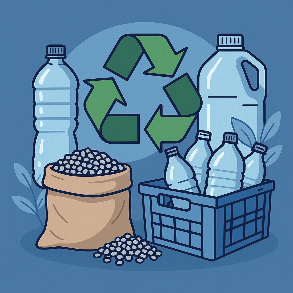 Ilustracija reciklaže plastike v industriji – zbiranje, predelava in ponovna uporaba materialov v proizvodnji